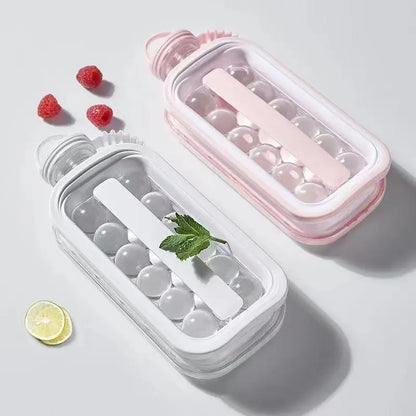 Portable Ice Cube Tray 2-in-1 Portable Puck Making Water Bottle with 17 Grid Flat Lid Cooling Cube Molds Kitchen Accessories